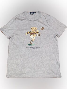 Polo Bear Ralph Lauren Custom Slim Fit Rugby Kicking Football Preppy TShirt Gray